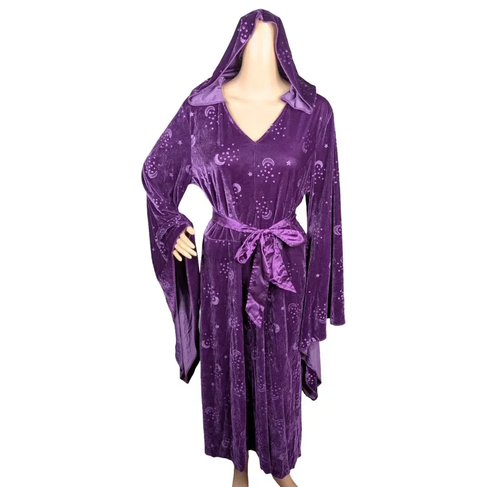 Spirit Purple Crushed Velvet Celestial Hooded Dress Cloak Moon Star Bell Sleeve - Picture 3 of 10